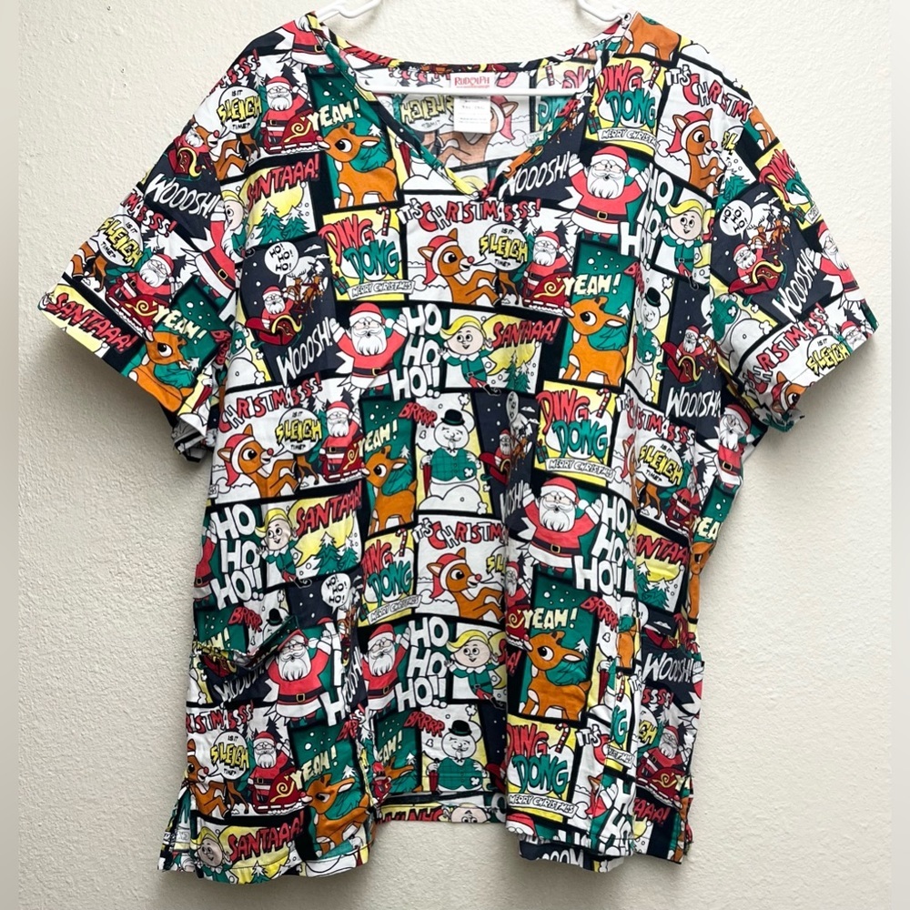 Rudolph The Red-Nosed Reindeer Scrub Top XMAS Comic‎ Strip 3XL EUC (29”Pit-Pit)